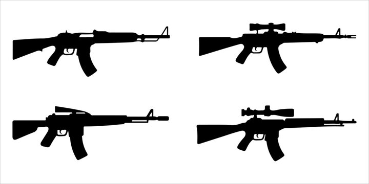 Modern rifle and firearm silhouette collection for military and tactical designs
Military weapon rifle silhouettes for security, defense, and shooting themes
Black firearm and rifle icon set for tacti