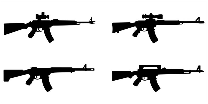 Modern rifle and firearm silhouette collection for military and tactical designs
Military weapon rifle silhouettes for security, defense, and shooting themes
Black firearm and rifle icon set for tacti