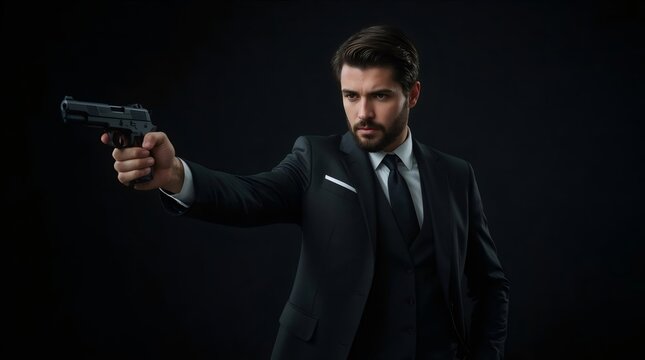 Professional man in tailored suit aiming handgun, embodying power, protection, and security