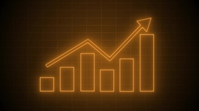Glowing neon-style outline of a bar chart with five vertical bars and a downward arrow above animation