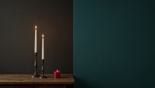 Three lit candles casting warm light on a wooden table, two in tall metal holders and one red pillar