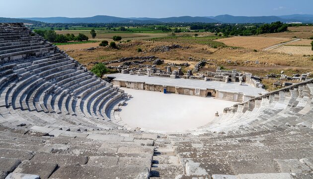 Ancient Roman amphitheater ruins in open landscape