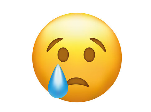Sad crying face emoji vector icon with single teardrop for upset expression