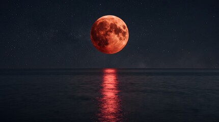 Fototapeta premium Dramatic blood moon rising over the calm ocean water at night with starry sky and red lunar reflection
