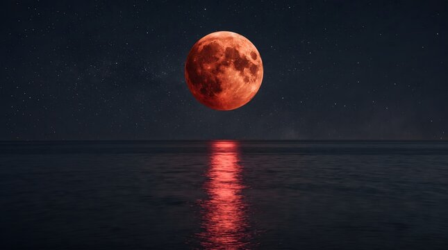 Dramatic blood moon rising over the calm ocean water at night with starry sky and red lunar reflection