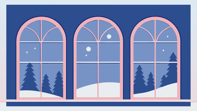 Cozy winter windows scene with falling snow and evergreen trees outside for holiday ambiance and seasonal backdrops.