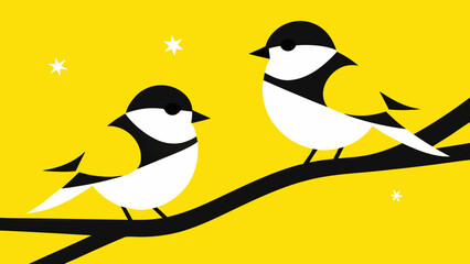 Fototapeta premium Two chickadee birds perched on a branch under a starry sky, in black, white, and yellow for nature art.
