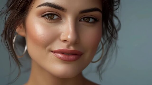 Woman Profile Portrait Beauty Smile Close Up with Brown Eyes, Natural Makeup and Hoop Earring