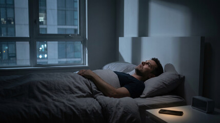 Fototapeta premium Restless man awake in bed at night beneath dim window light