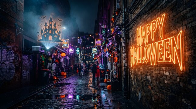 Happy halloween neon sign glowing on a dark brick wall in a rainy city street at night