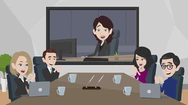 2D animation of a corporate team sitting at a boardroom table participating in a remote video conference meeting