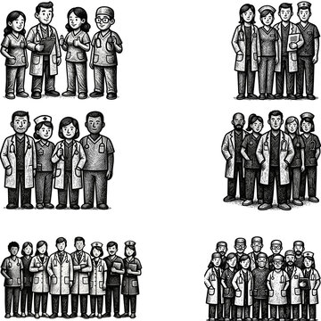 Diverse medical professionals stand together in coordinated groups, representing a united healthcare team.