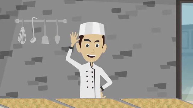 2D animation of a male chef wearing white uniform waving hand hello standing in a modern restaurant kitchen scene