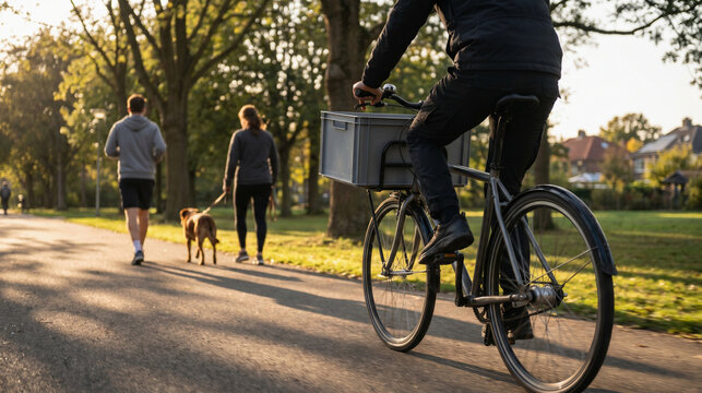 Delivery Cyclist Approaches Jogger and Dog Walker on Park Path