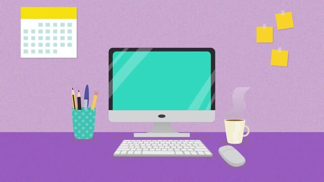 2D animation of a clean workplace computer monitor desk setup with keyboard stationery and coffee mug purple room