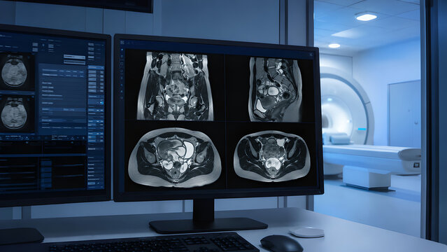 Pelvic inflammatory disease radiology concept with female pelvis MRI scans on diagnostic monitor, showing subtle early-stage inflammation for healthcare, radiology, medical and patient education