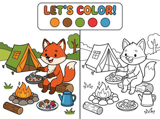 Fototapeta premium Coloring page for children with a cute fox camping and cooking food by the campfire in nature
