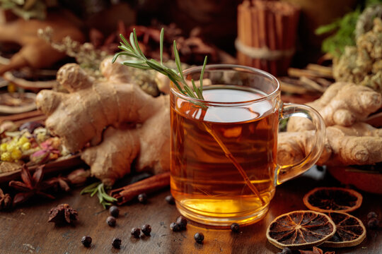 Warming herbal tea with fresh ginger, dried orange slices, juniper berries and spices served in a glass mug.