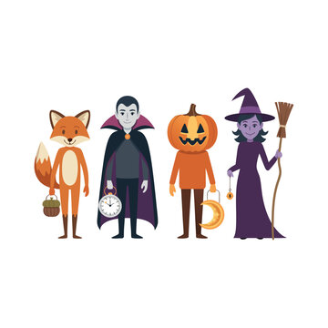 Cute Halloween characters set with fox, vampire, pumpkin head, and witch