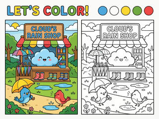 Naklejka premium Coloring page for kids featuring a cute cloud selling umbrellas and rain boots in a rainy park