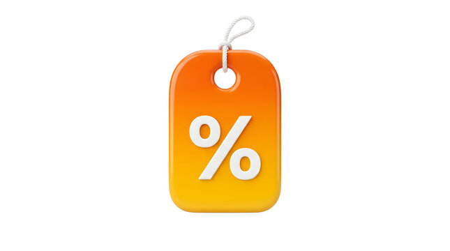Bright orange shopping price tag hanging by a string with percentage sign