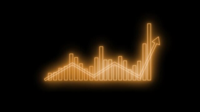 Neon-style histogram chart on black background with glowing edges, rising bars peaking mid-left then descending animation