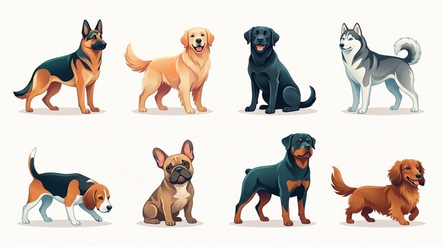 Illustrated dog breeds set, collection of popular domestic dogs, flat vector pet icons on white background