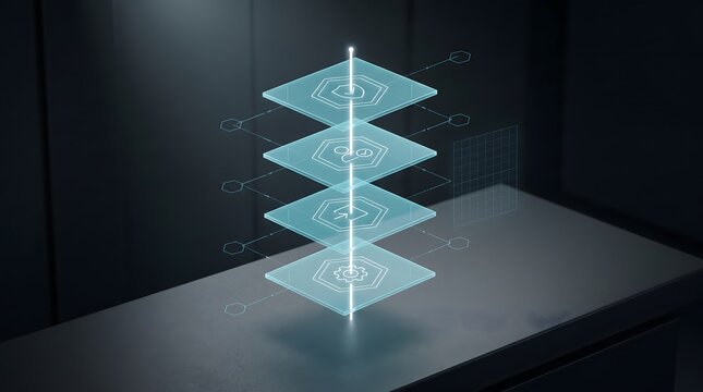 Holographic data stack with security and gear icons representing system architecture and software layers in dark tech environment