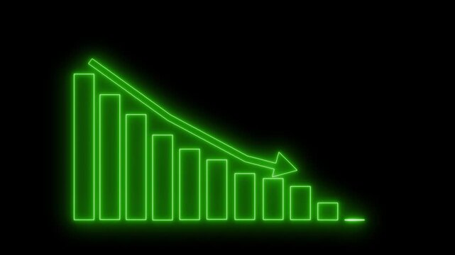 Neon-style bar chart showing descending bars with downward arrow animation