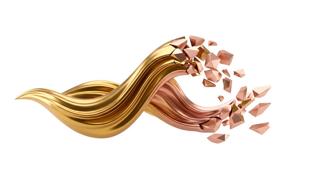 Metallic gold and rose gold flowing waves, abstract liquid metal explosion with flying shards, luxury 3D dynamic motion design on white