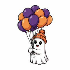 Fototapeta premium A cute cartoon ghost wearing an orange beanie hat, holding a bunch of purple and orange balloons, floating against a white background.