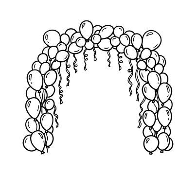 Hand drawn doodle of a festive balloon arch for birthday parties and wedding events celebration isolated on transparent background, Vector