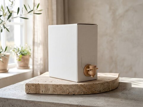Blank White Bag in Box Beverage Packaging with Wooden Dispenser Tap on Travertine Slab Near Sunlit Window Ideal Mockup for Eco Friendly Branding and Product Label Design Presentation