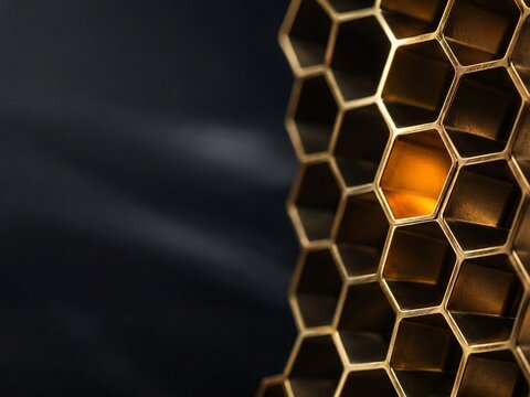 Brass honeycomb with glowing amber cell and copy space