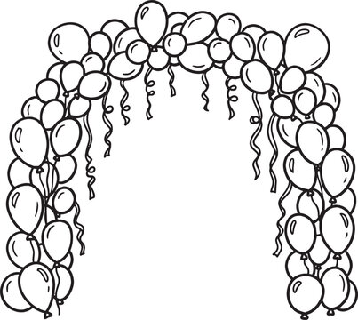 Hand drawn doodle of a festive balloon arch for birthday parties and wedding events celebration isolated on transparent background, Vector