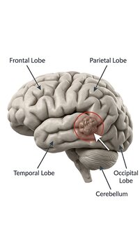 Anatomical Human Brain Model with Lobes and Tumor Highlighted