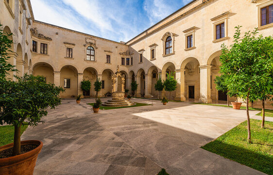 Cloister in the Seminary Palace in Lecce, Apulia (Puglia), Italy. July-22-2025