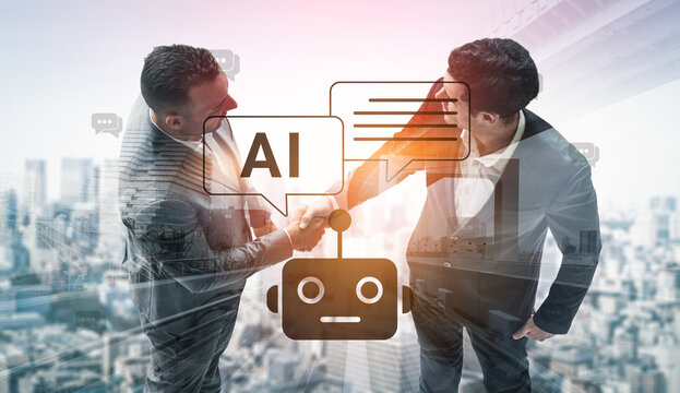 Business professionals engage in a handshake while a robotic figure symbolizes artificial intelligence integration in corporate settings. Glyphic.