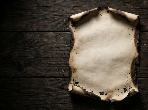 Old burnt parchment paper with charred edges lying on a dark rustic wooden table background
