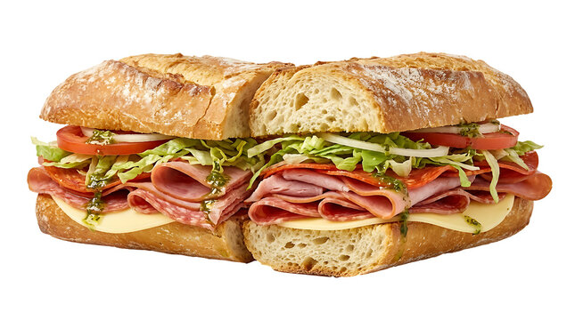 Realistic Italian sub sandwich PNG with fresh lettuce, tomato, ham, and salami, isolated on transparent background for food photography