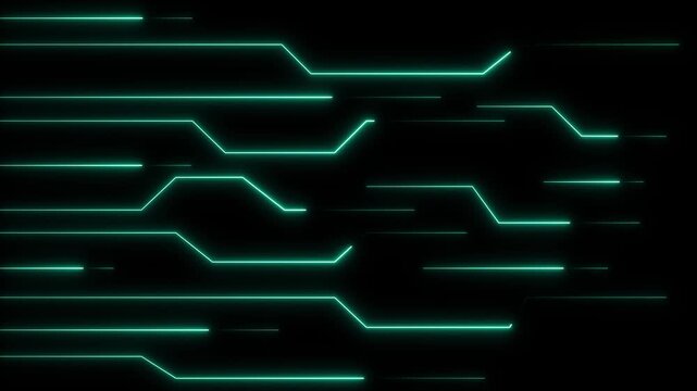 Turquoise circuit lines stream across dark computer space. Modern motherboard technology links these circuit lines. High tech electronic data powers the circuit lines.