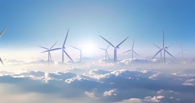 Futuristic wind turbine farm generating sustainable green power above clouds. Sustainable clean energy related 3d animation.