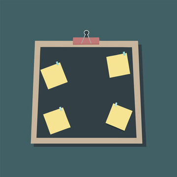 Minimalist mood board with yellow sticky notes, flat vector bulletin board illustration, office memo board for planning