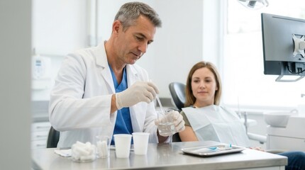 Fototapeta premium Professional Dentist Preparing Dental Treatment for Patient in Clinic