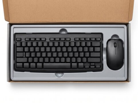 Top view of black computer keyboard and mouse set packed in grey plastic tray inside open cardboard box for technology product delivery and retail store unboxing