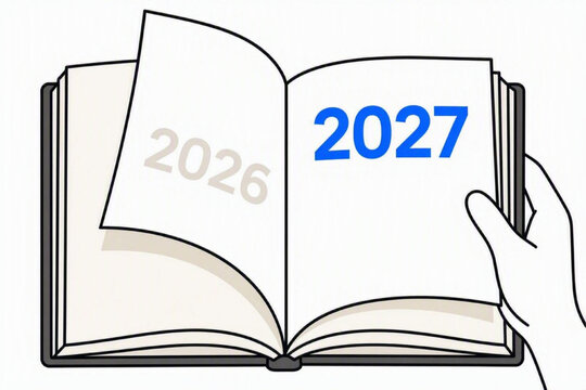 Open calendar book turning page from year 2026 to blue 2027 in single-line vector continuous line style