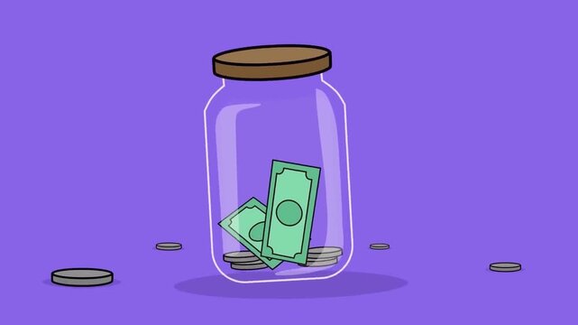 2D animation close up of a clear glass savings jar filled with cash banknotes and coins purple background economy