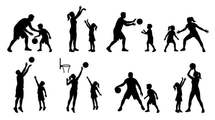 Obraz premium Set of silhouettes of parents coaching children playing basketball, sports training activity, family bonding, healthy lifestyle, active leisure
