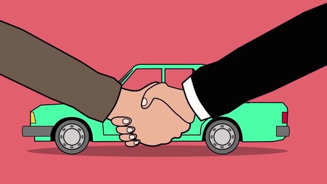 2D animation close up of two businessmen shaking hands in front of a green sedan car auto insurance purchase deal