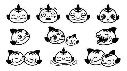 Fototapeta premium Set of fish face expressions with various emotions, black and white vector icons, line art style for UI design, mood, reaction and feeling